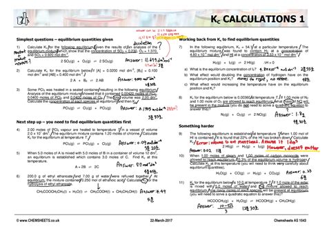 6 Chemical equilibria, Le Chatelier_s principle BOARDWORKS. . Kc calculations 2 chemsheets answers